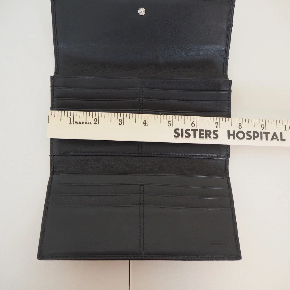 Coach Tri-Fold Wallet Women's‎ Black Signature Canvas Leather Trim Snap Closure